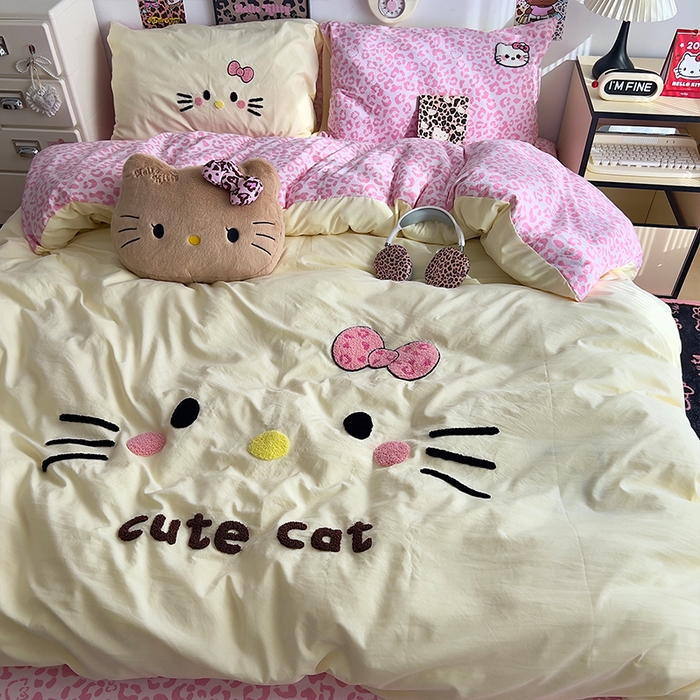 91家纺网 家纺一手货源 找家纺 原素 2026网红爆款豹纹喵表情包毛巾绣A类床上四件套 豹纹喵表情包-黄