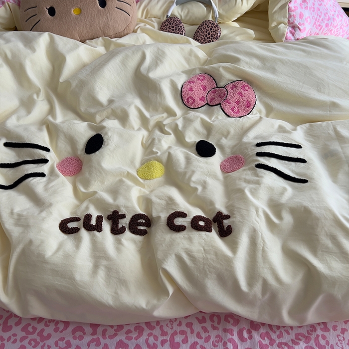 91家纺网 家纺一手货源 找家纺 原素 2026网红爆款豹纹喵表情包毛巾绣A类床上四件套 豹纹喵表情包-黄