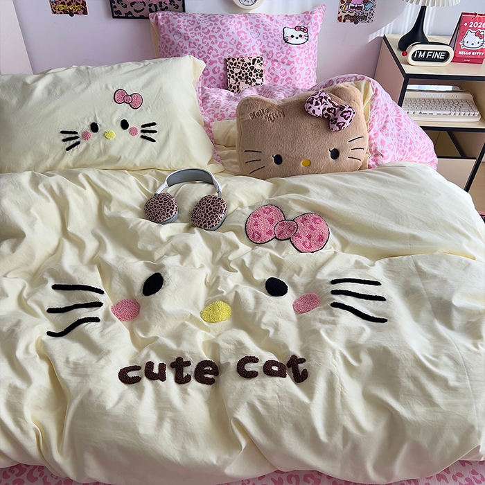 91家纺网 家纺一手货源 找家纺 原素 2026网红爆款豹纹喵表情包毛巾绣A类床上四件套 豹纹喵表情包-黄