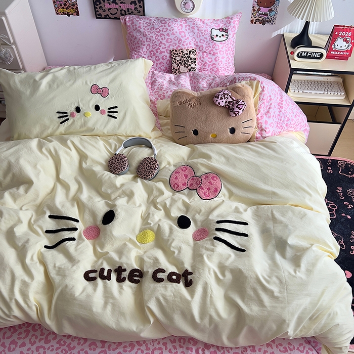 91家纺网 家纺一手货源 找家纺 原素 2026网红爆款豹纹喵表情包毛巾绣A类床上四件套 豹纹喵表情包-黄