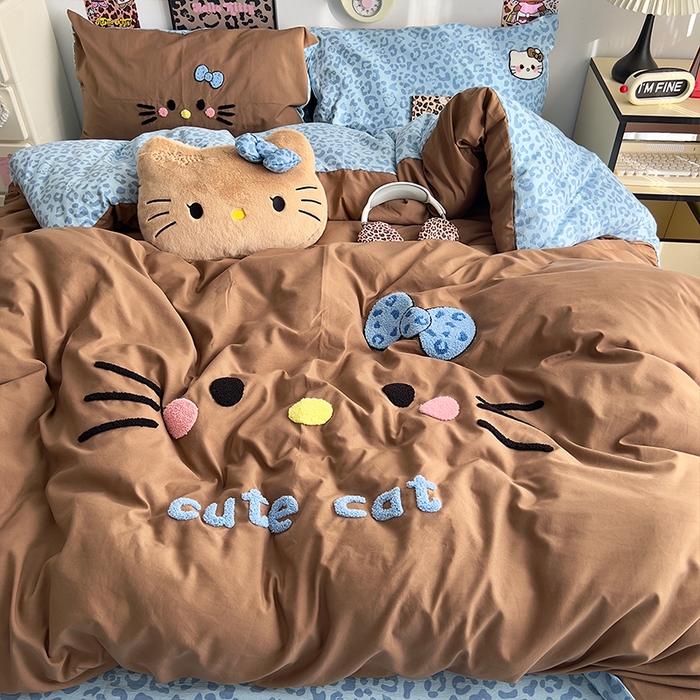 原素 2026网红爆款豹纹喵表情包毛巾绣A类床上四件套 豹纹喵表情包-蓝