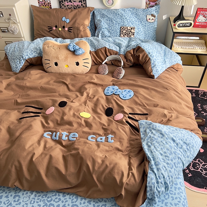 91家纺网 家纺一手货源 找家纺 原素 2026网红爆款豹纹喵表情包毛巾绣A类床上四件套 豹纹喵表情包-蓝