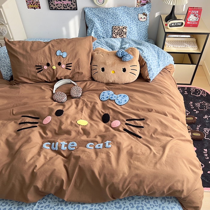 91家纺网 家纺一手货源 找家纺 原素 2026网红爆款豹纹喵表情包毛巾绣A类床上四件套 豹纹喵表情包-蓝