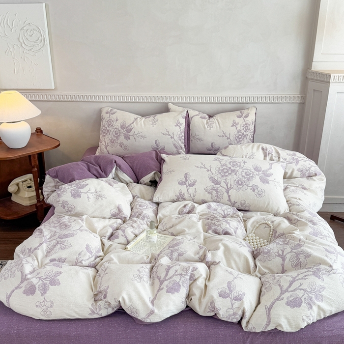 91家纺网 家纺一手货源 找家纺 佑佳家纺 2025新款亚麻双层纱单品床单 紫韵