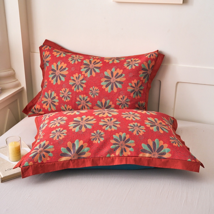 91家纺网 家纺一手货源 找家纺 棠薇家纺 2025新款全棉彩纱枕套燕尾角枕套夹棉双层纱48*74cm枕头套单只装一对装 陌上花开红