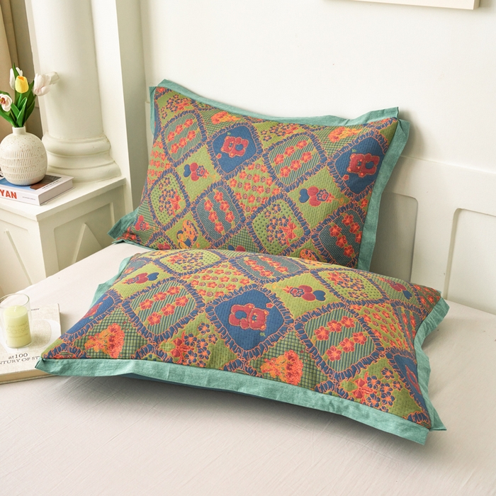 棠薇家纺 2025新款全棉彩纱枕套燕尾角枕套夹棉双层纱48*74cm枕头套单只装一对装 熊宝贝-绿