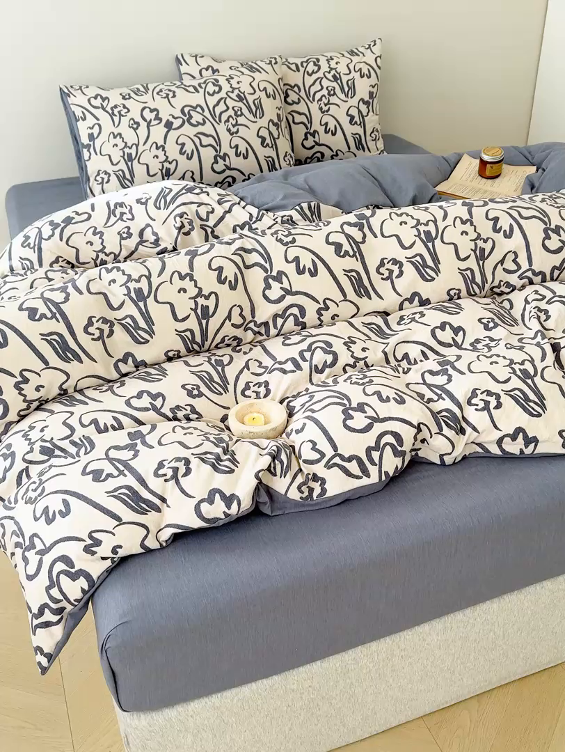 91家纺网 家纺一手货源 找家纺 竹合家纺 2025秋冬新款加厚磨毛色织暖绒系列针织四件套高克重 素描花