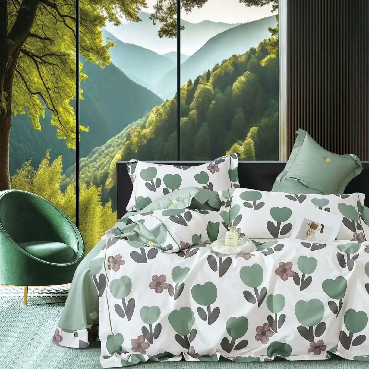 未来家居 JAMES KELLY （铂金凯丽）2025新款40支13376全棉印染铂金长绒棉四件套-系列7 云上的美好-绿