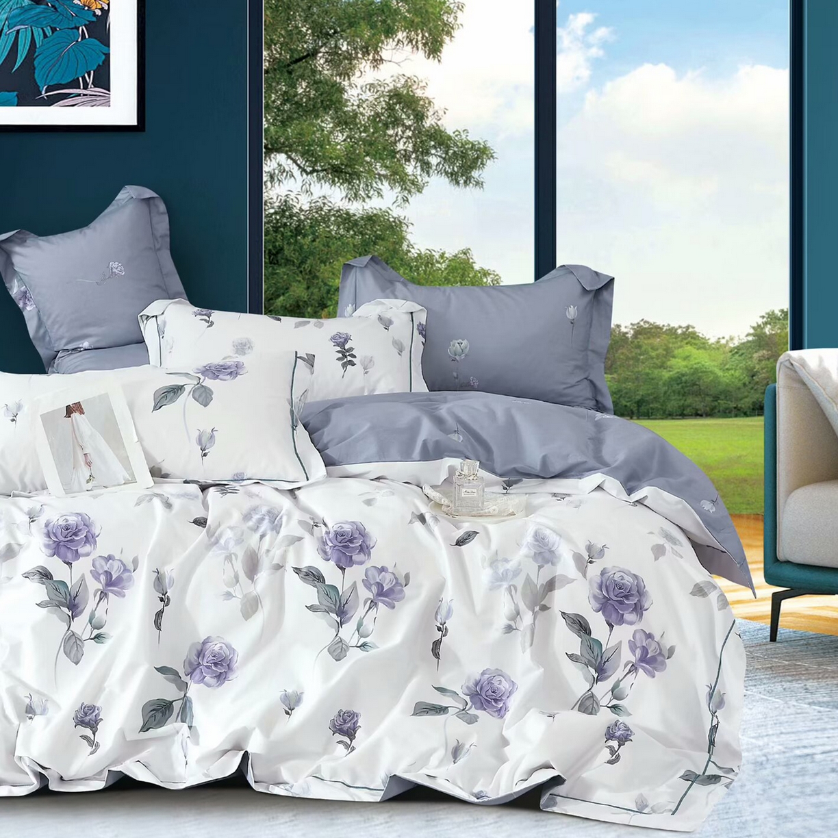 未来家居 JAMES KELLY （铂金凯丽）2025新款40支13376全棉印染铂金长绒棉四件套-系列7 云为裳-蓝紫