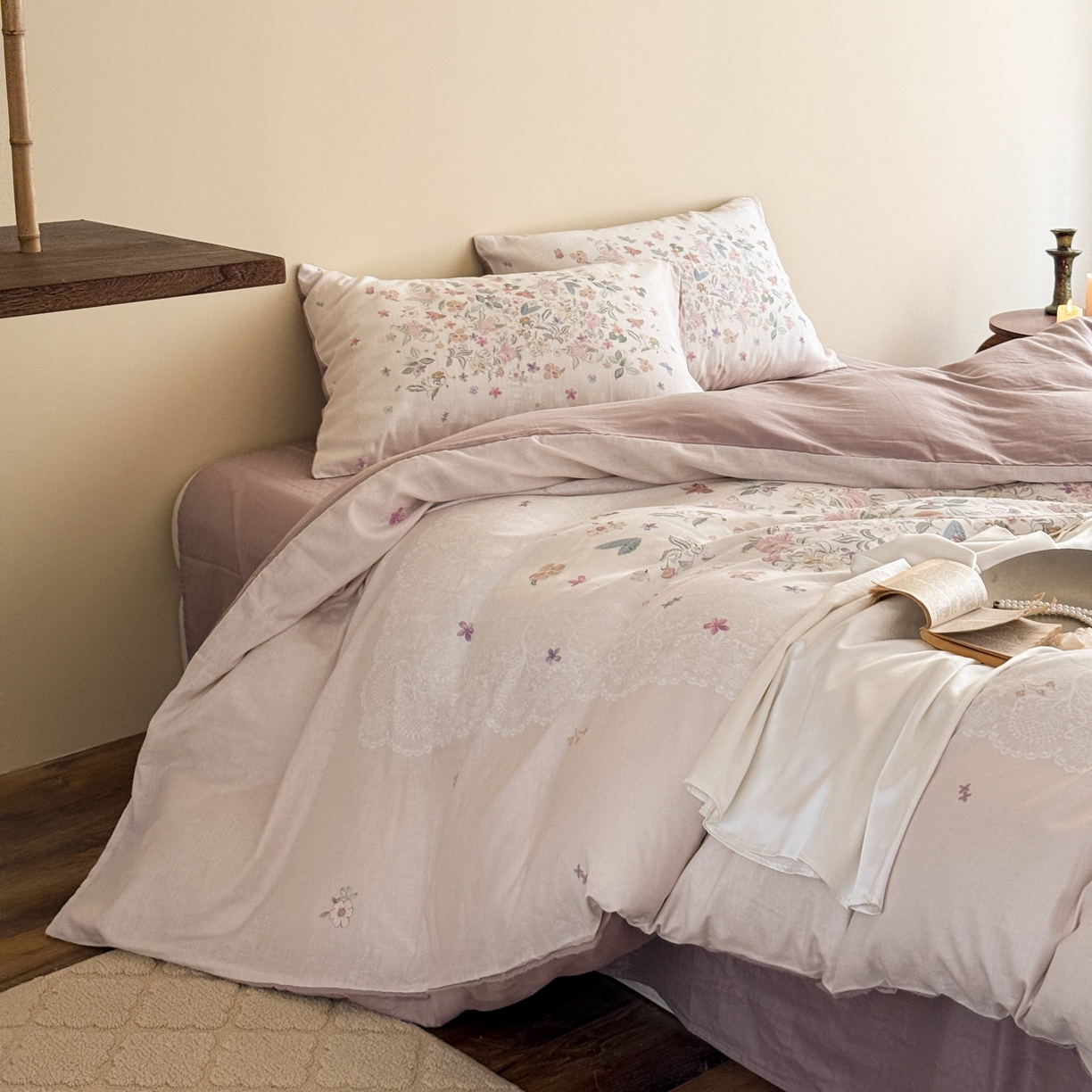 91家纺网 家纺一手货源 找家纺 窝米 2025新款全棉纯棉双层纱大版印花花卉四件套-第一组 赫美