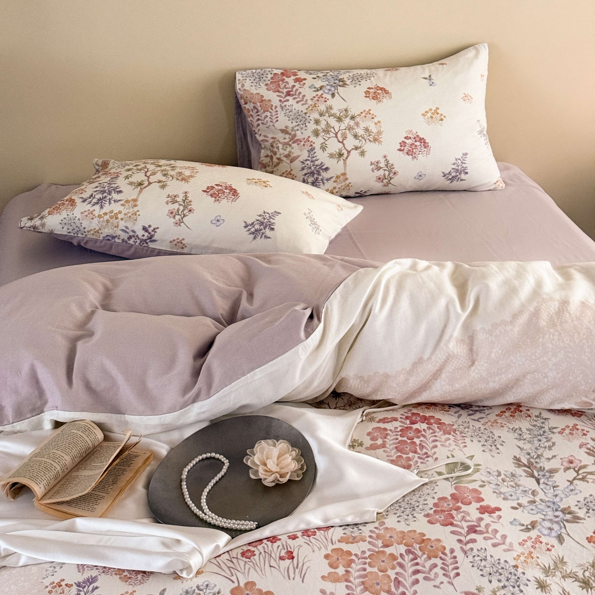 91家纺网 家纺一手货源 找家纺 窝米 2025新款全棉纯棉双层纱大版印花花卉四件套-第一组 弥初