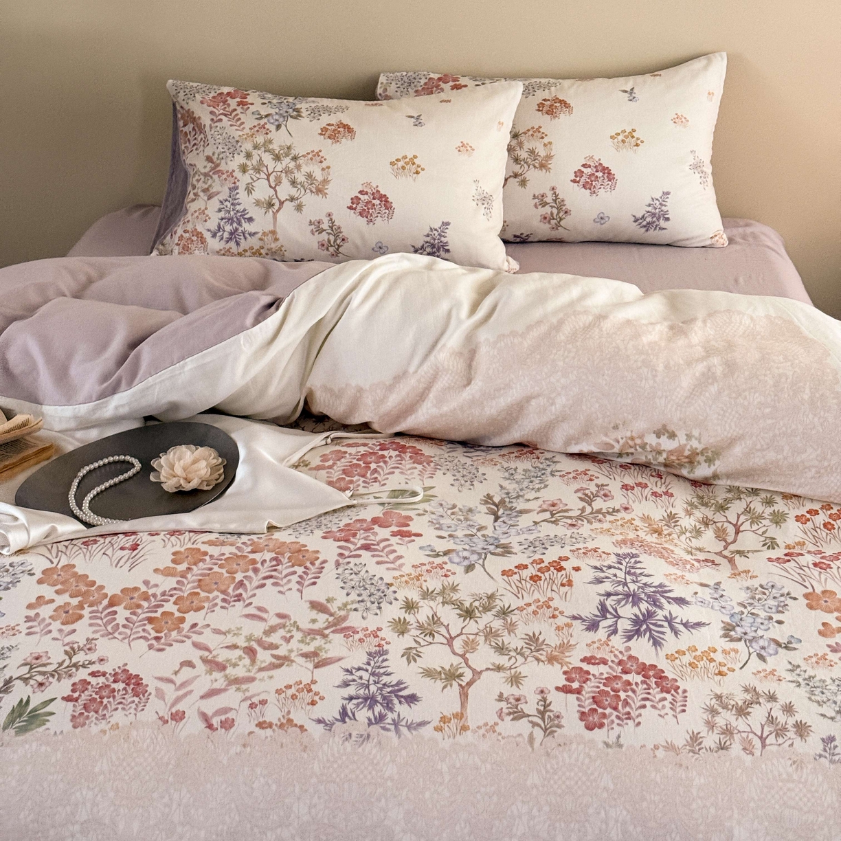 91家纺网 家纺一手货源 找家纺 窝米 2025新款全棉纯棉双层纱大版印花花卉四件套-第一组 弥初