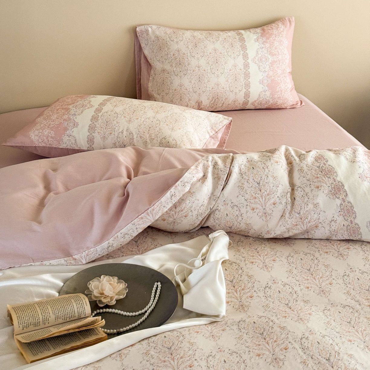 91家纺网 家纺一手货源 找家纺 窝米 2025新款全棉纯棉双层纱大版印花花卉四件套-第一组 云缦