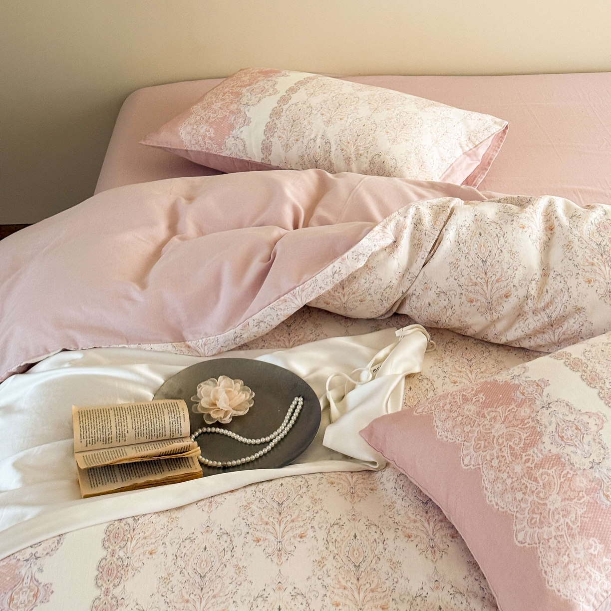 91家纺网 家纺一手货源 找家纺 窝米 2025新款全棉纯棉双层纱大版印花花卉四件套-第一组 云缦