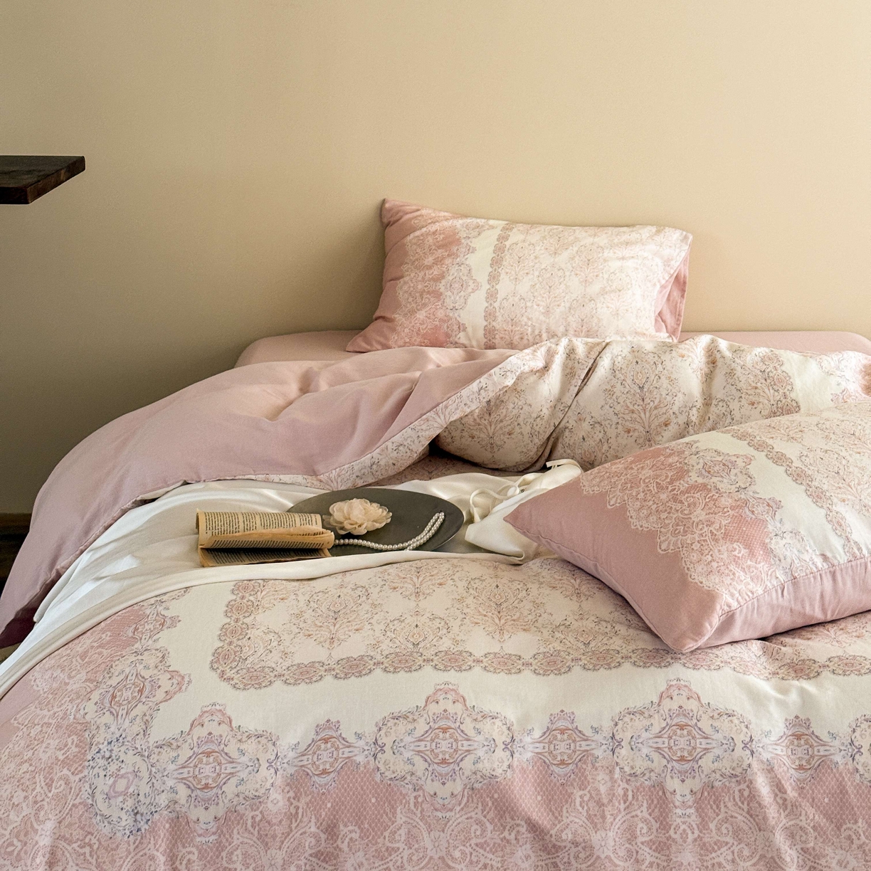 91家纺网 家纺一手货源 找家纺 窝米 2025新款全棉纯棉双层纱大版印花花卉四件套-第一组 云缦