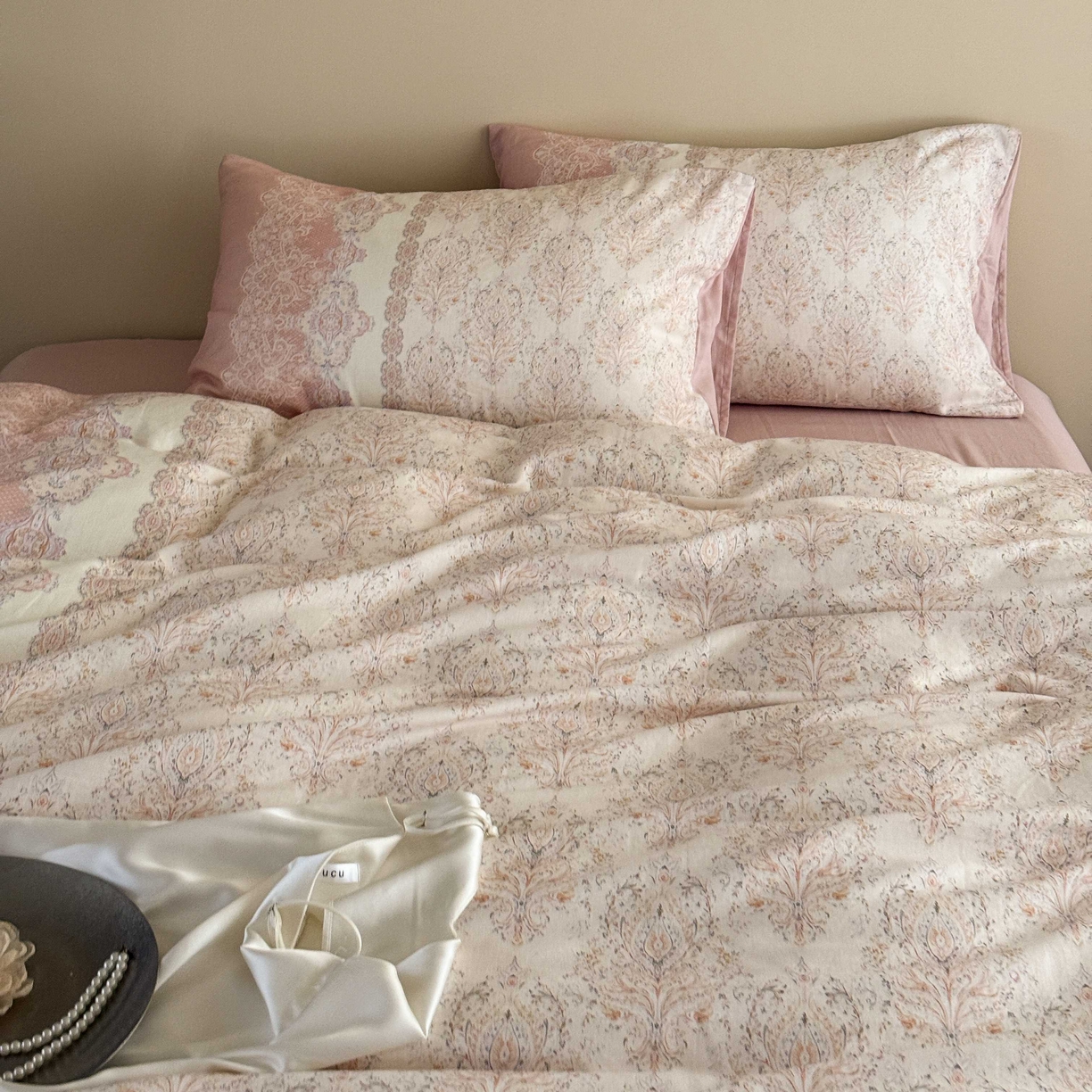 91家纺网 家纺一手货源 找家纺 窝米 2025新款全棉纯棉双层纱大版印花花卉四件套-第一组 云缦