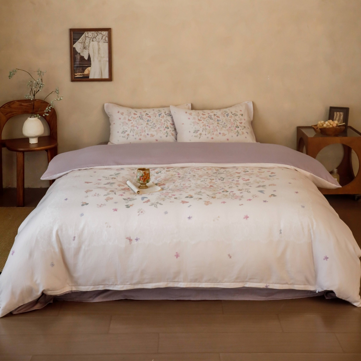 91家纺网 家纺一手货源 找家纺 （总）窝米 2025新款全棉纯棉双层纱大版印花花卉四件套-第二组