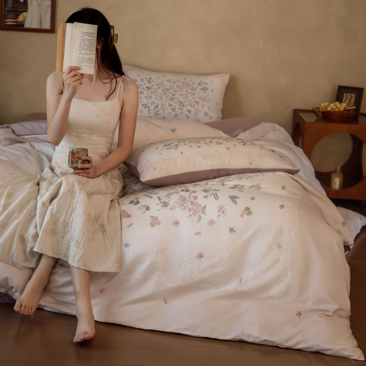窝米 2025新款全棉纯棉双层纱大版印花花卉四件套-第二组 赫美