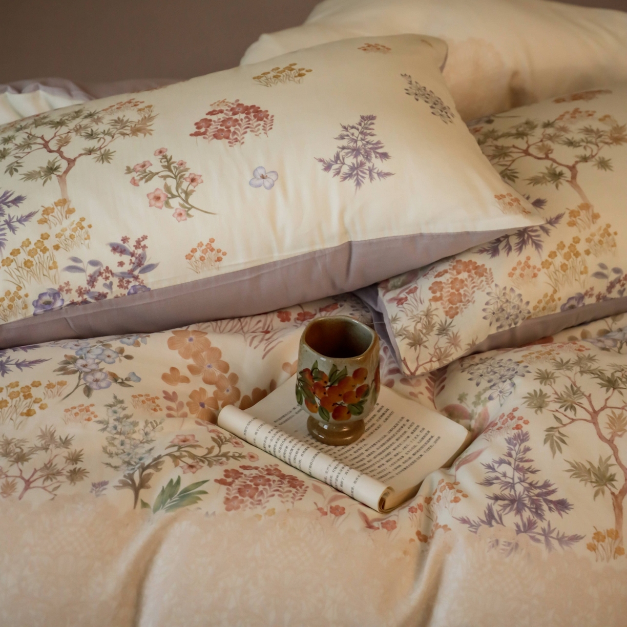 91家纺网 家纺一手货源 找家纺 窝米 2025新款全棉纯棉双层纱大版印花花卉四件套-第二组 弥初