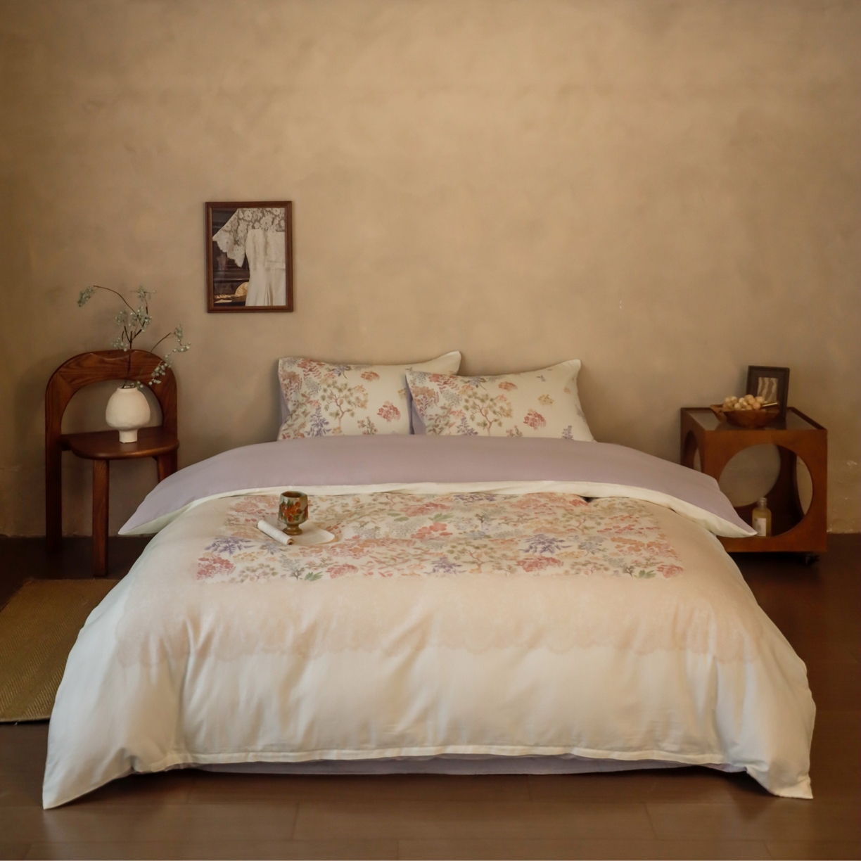 91家纺网 家纺一手货源 找家纺 窝米 2025新款全棉纯棉双层纱大版印花花卉四件套-第二组 弥初