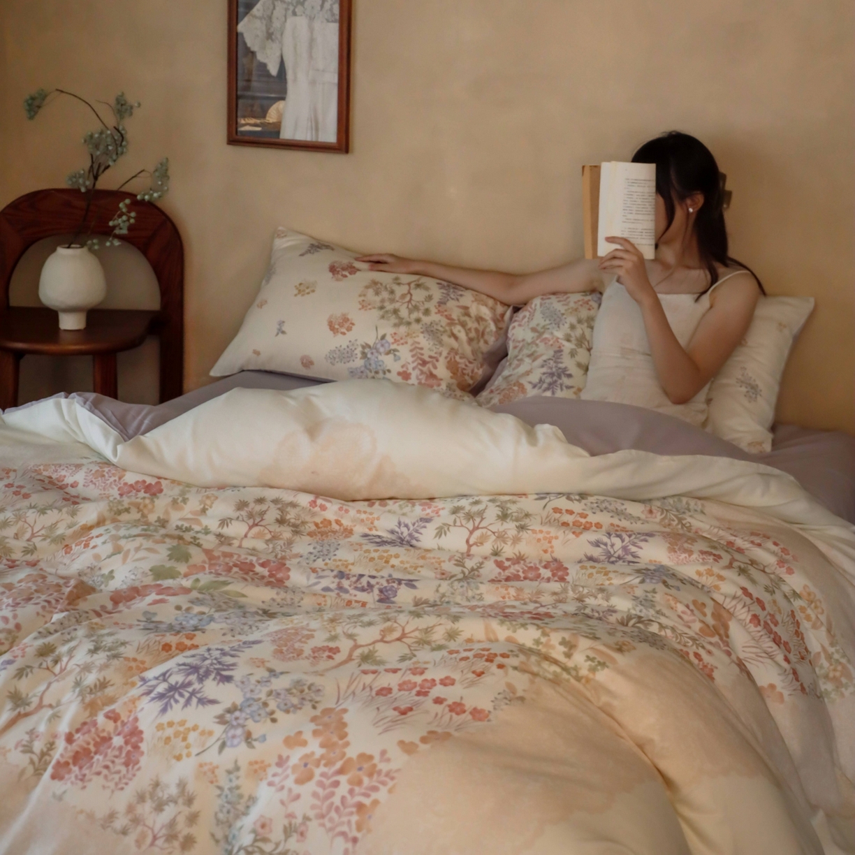 91家纺网 家纺一手货源 找家纺 窝米 2025新款全棉纯棉双层纱大版印花花卉四件套-第二组 弥初