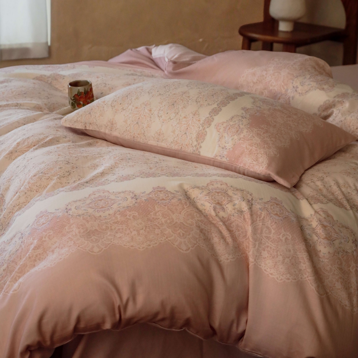 91家纺网 家纺一手货源 找家纺 窝米 2025新款全棉纯棉双层纱大版印花花卉四件套-第二组 云缦