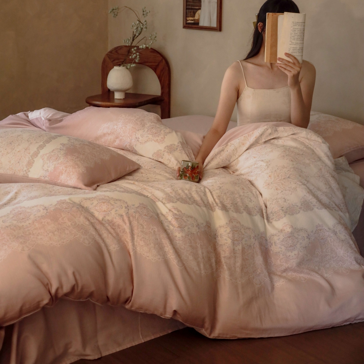 91家纺网 家纺一手货源 找家纺 窝米 2025新款全棉纯棉双层纱大版印花花卉四件套-第二组 云缦