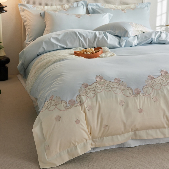 91家纺网 家纺一手货源 找家纺 （总）咏绒家纺工厂店 2025新款100支澳棉长绒棉纯棉CR工艺极简轻奢刺绣四件套-南法玫瑰系列