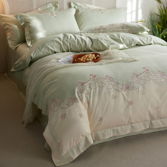 咏绒家纺工厂店 2025新款100支澳棉长绒棉纯棉CR工艺极简轻奢刺绣四件套-南法玫瑰系列 南法玫瑰-木槿绿