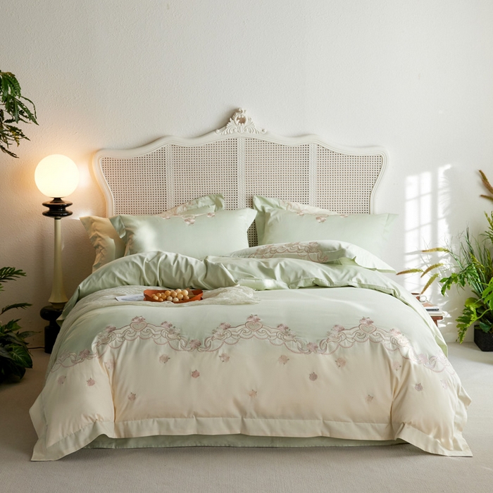 91家纺网 家纺一手货源 找家纺 咏绒家纺工厂店 2025新款100支澳棉长绒棉纯棉CR工艺极简轻奢刺绣四件套-南法玫瑰系列 南法玫瑰-木槿绿