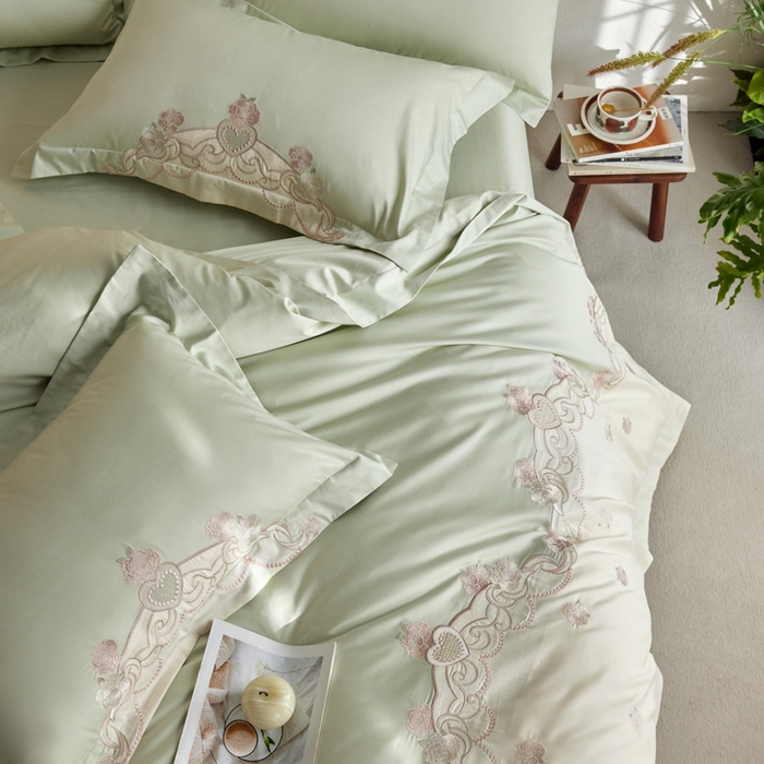 91家纺网 家纺一手货源 找家纺 咏绒家纺工厂店 2025新款100支澳棉长绒棉纯棉CR工艺极简轻奢刺绣四件套-南法玫瑰系列 南法玫瑰-木槿绿