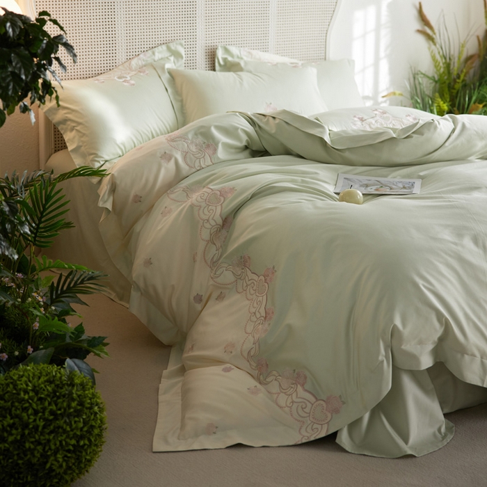 91家纺网 家纺一手货源 找家纺 咏绒家纺工厂店 2025新款100支澳棉长绒棉纯棉CR工艺极简轻奢刺绣四件套-南法玫瑰系列 南法玫瑰-木槿绿