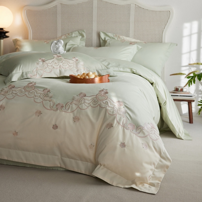 91家纺网 家纺一手货源 找家纺 咏绒家纺工厂店 2025新款100支澳棉长绒棉纯棉CR工艺极简轻奢刺绣四件套-南法玫瑰系列 南法玫瑰-木槿绿