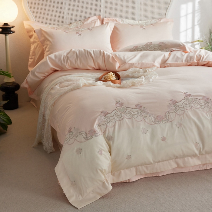 咏绒家纺工厂店 2025新款100支澳棉长绒棉纯棉CR工艺极简轻奢刺绣四件套-南法玫瑰系列 南法玫瑰-玉竹粉