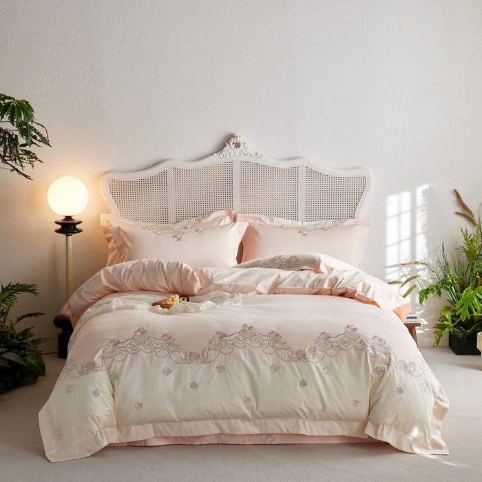 91家纺网 家纺一手货源 找家纺 咏绒家纺工厂店 2025新款100支澳棉长绒棉纯棉CR工艺极简轻奢刺绣四件套-南法玫瑰系列 南法玫瑰-玉竹粉