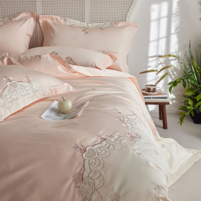 91家纺网 家纺一手货源 找家纺 咏绒家纺工厂店 2025新款100支澳棉长绒棉纯棉CR工艺极简轻奢刺绣四件套-南法玫瑰系列 南法玫瑰-玉竹粉