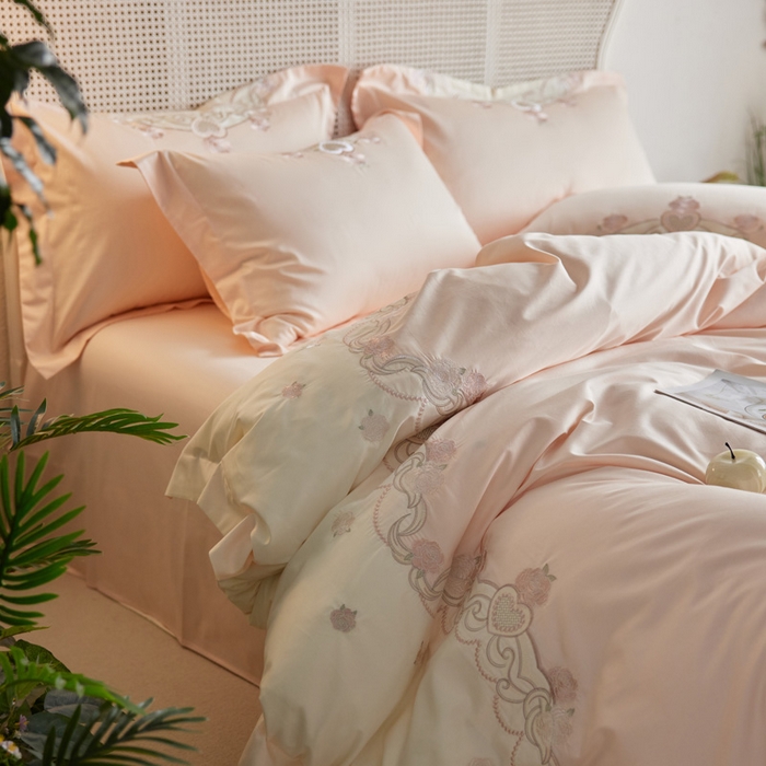 91家纺网 家纺一手货源 找家纺 咏绒家纺工厂店 2025新款100支澳棉长绒棉纯棉CR工艺极简轻奢刺绣四件套-南法玫瑰系列 南法玫瑰-玉竹粉