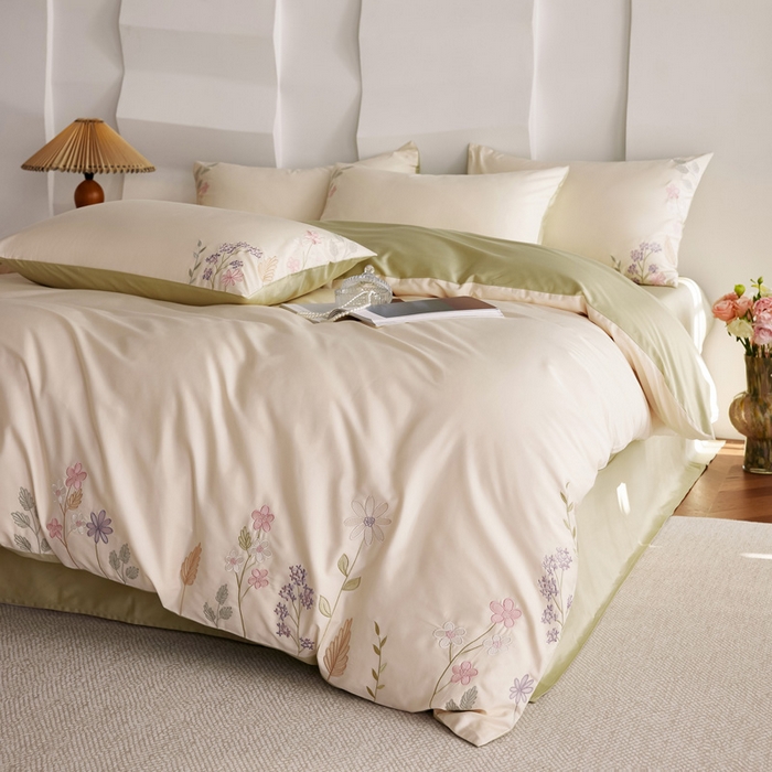 91家纺网 家纺一手货源 找家纺 咏绒家纺工厂店 2025新款100支长绒棉纯棉四件套-花草自春风系列 清水芙蓉