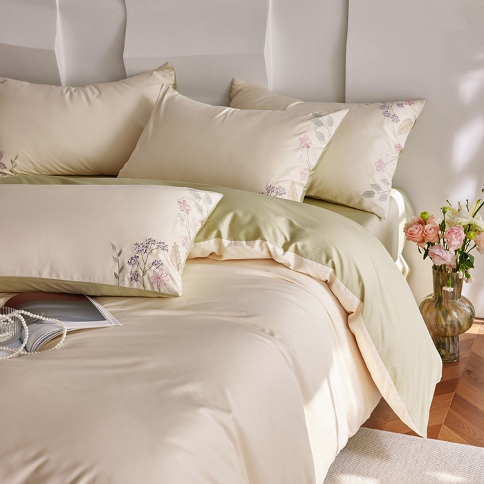 91家纺网 家纺一手货源 找家纺 咏绒家纺工厂店 2025新款100支长绒棉纯棉四件套-花草自春风系列 清水芙蓉