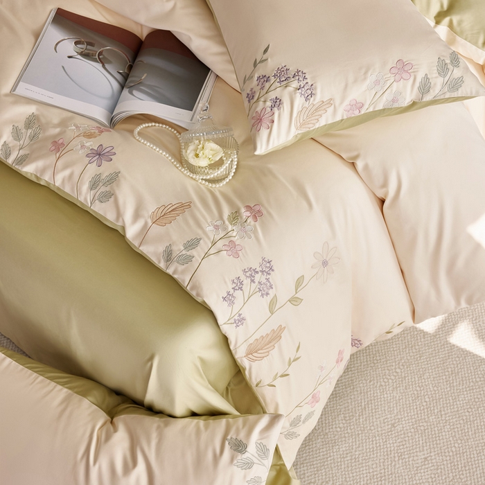 91家纺网 家纺一手货源 找家纺 咏绒家纺工厂店 2025新款100支长绒棉纯棉四件套-花草自春风系列 清水芙蓉