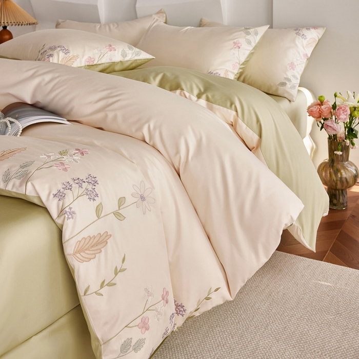 91家纺网 家纺一手货源 找家纺 咏绒家纺工厂店 2025新款100支长绒棉纯棉四件套-花草自春风系列 清水芙蓉