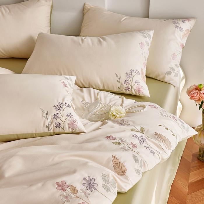 91家纺网 家纺一手货源 找家纺 咏绒家纺工厂店 2025新款100支长绒棉纯棉四件套-花草自春风系列 清水芙蓉