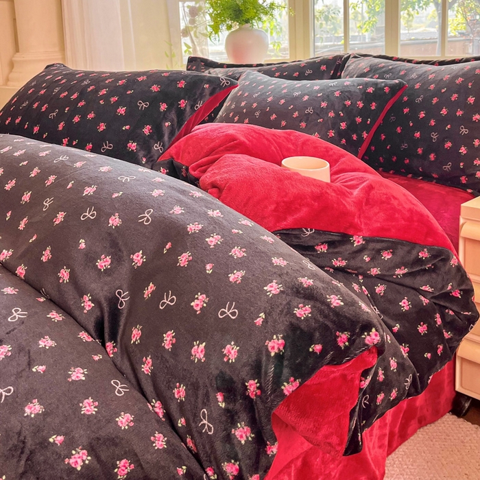 斯卡诺家纺 2026新款小清新牛奶绒床盖四件套冬季加厚床盖四件套 粉玫瑰