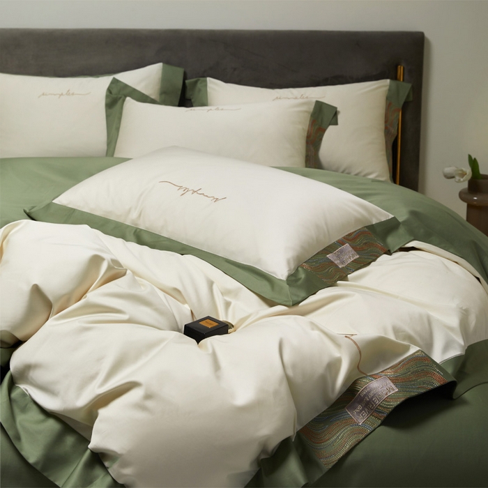 91家纺网 家纺一手货源 找家纺 咏绒家纺工厂店 2025新款100支澳棉纯棉CR工艺极简轻奢刺绣四件套-极光系列 极光-茶香绿