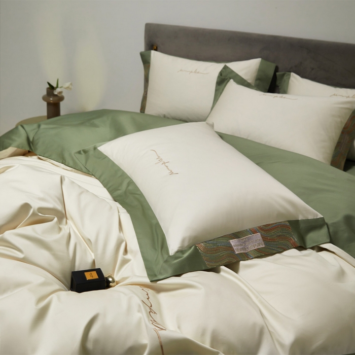 91家纺网 家纺一手货源 找家纺 咏绒家纺工厂店 2025新款100支澳棉纯棉CR工艺极简轻奢刺绣四件套-极光系列 极光-茶香绿