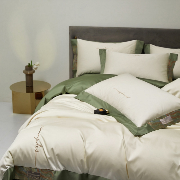 91家纺网 家纺一手货源 找家纺 咏绒家纺工厂店 2025新款100支澳棉纯棉CR工艺极简轻奢刺绣四件套-极光系列 极光-茶香绿