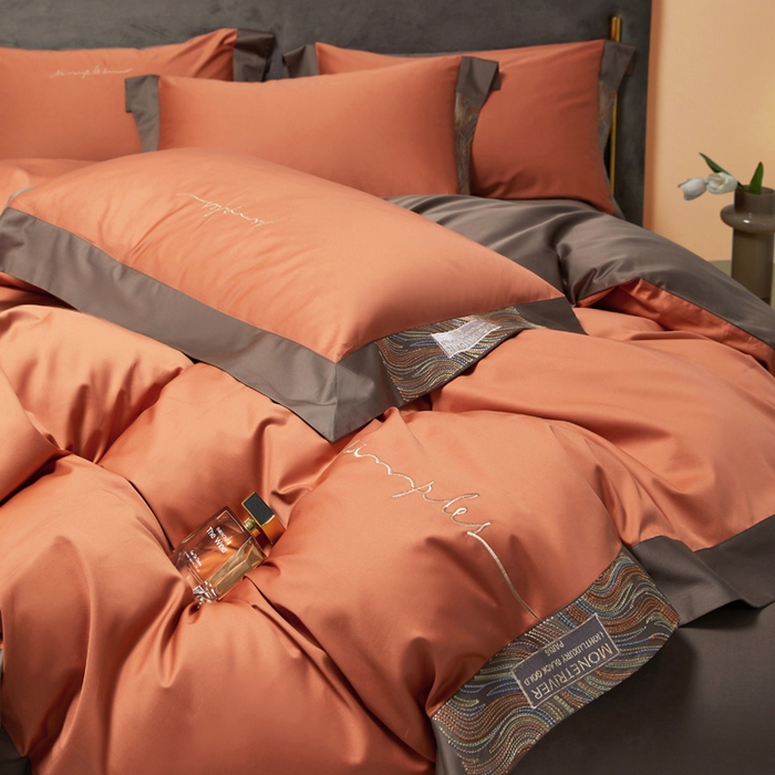 91家纺网 家纺一手货源 找家纺 咏绒家纺工厂店 2025新款100支澳棉纯棉CR工艺极简轻奢刺绣四件套-极光系列 极光-焦糖橙