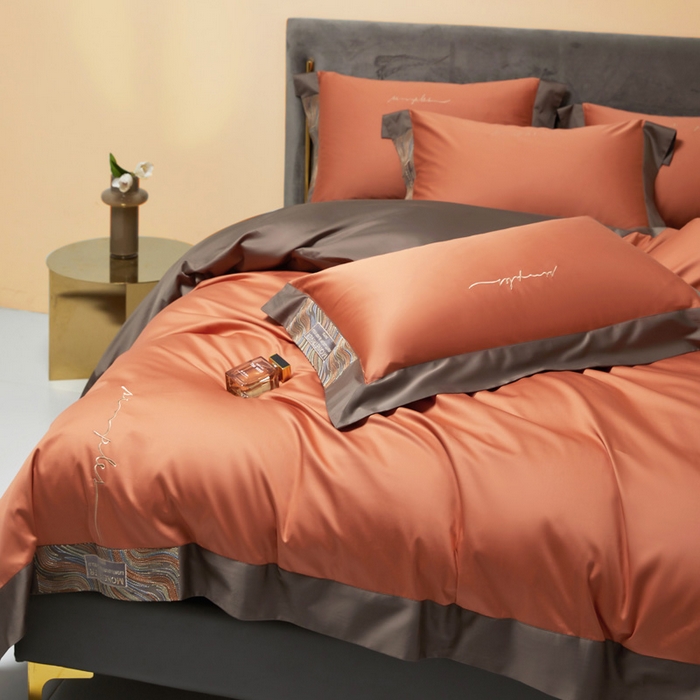 91家纺网 家纺一手货源 找家纺 咏绒家纺工厂店 2025新款100支澳棉纯棉CR工艺极简轻奢刺绣四件套-极光系列 极光-焦糖橙