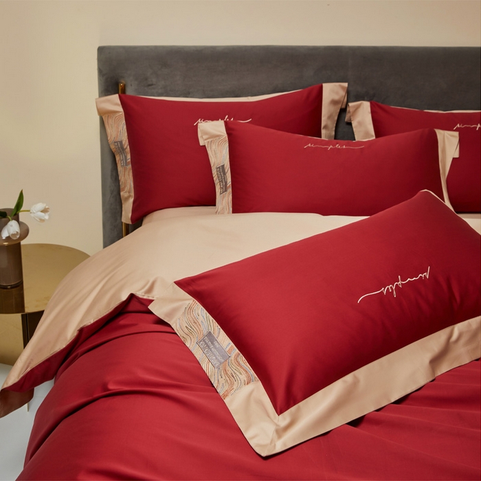 91家纺网 家纺一手货源 找家纺 咏绒家纺工厂店 2025新款100支澳棉纯棉CR工艺极简轻奢刺绣四件套-极光系列 极光-胭脂红