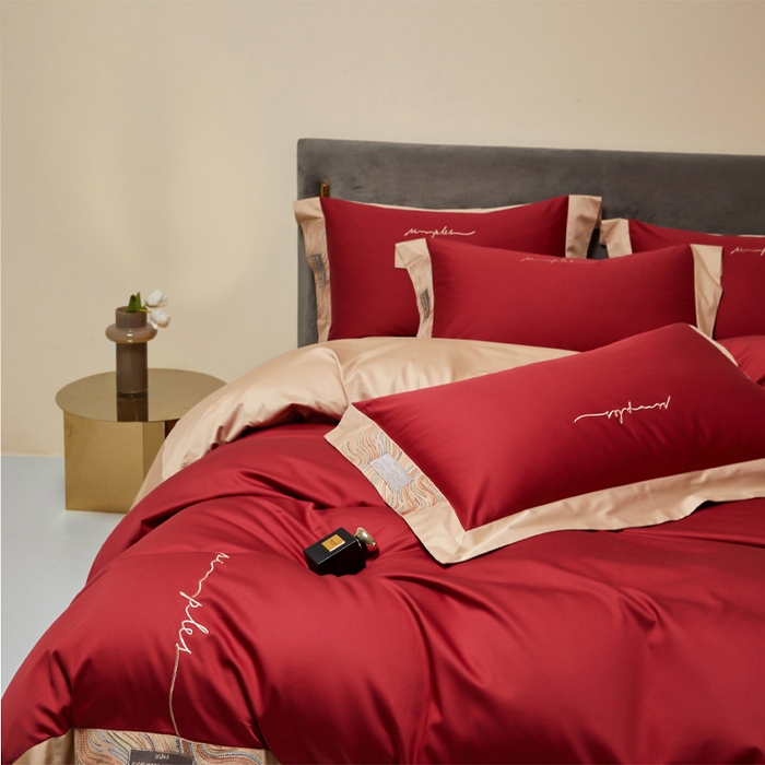 91家纺网 家纺一手货源 找家纺 咏绒家纺工厂店 2025新款100支澳棉纯棉CR工艺极简轻奢刺绣四件套-极光系列 极光-胭脂红